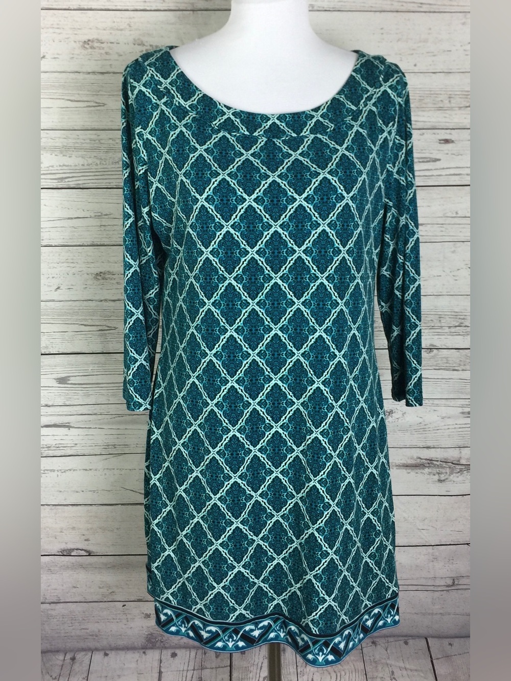 White House Black Market Women’s Green Geo Print Stretch Shift Dress Size L